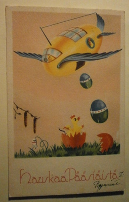 Ilma-alus tipauttelee pääsiäismunia, Pääsiäispk, p. 1947