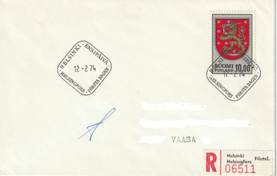 1974 10mk Leijona Vaakuna- merkin FDC-kuori kulkeneena