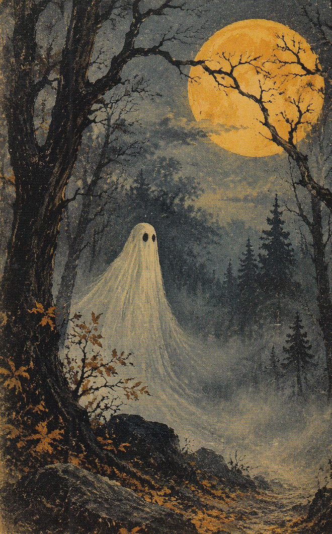 Halloween kummitus metsässä, täysikuu