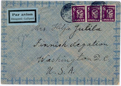 1946 8mk violetti leijona, 3kpl lentokirje USAhan -47, taksa