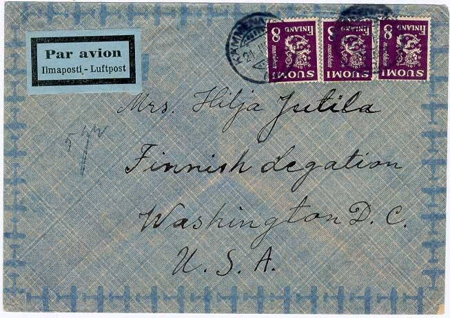 1946 8mk violetti leijona, 3kpl lentokirje USAhan -47, taksa