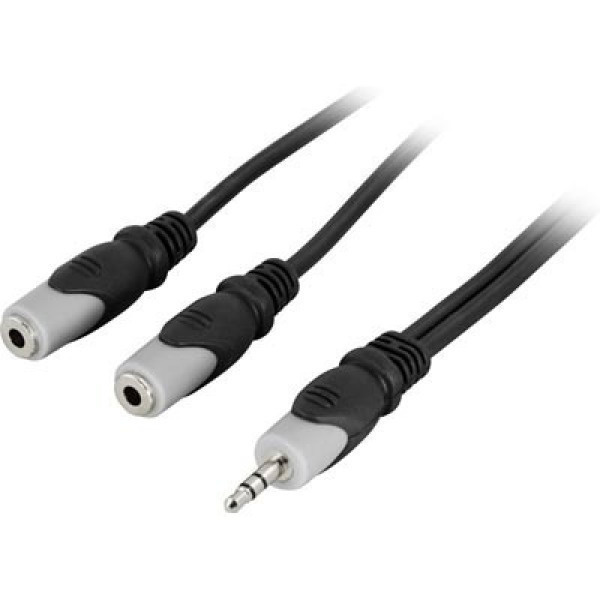 Deltaco 3.5mm uros - 2x3.5mm naaras Y-kaapeli, 1m, musta