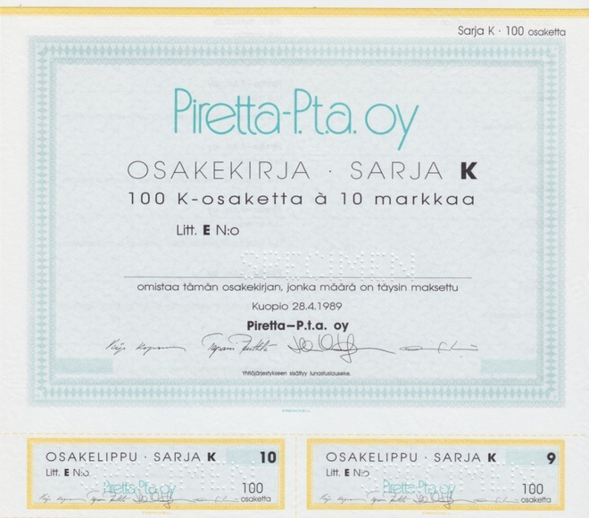 OKK 1989 Piretta-P.t.a. Oy spec, Kuopio osakekirja