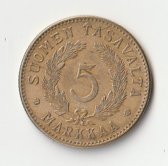 5 markkaa 1928 Alpr, hyväk,meistivika T kirjaimessa pipo