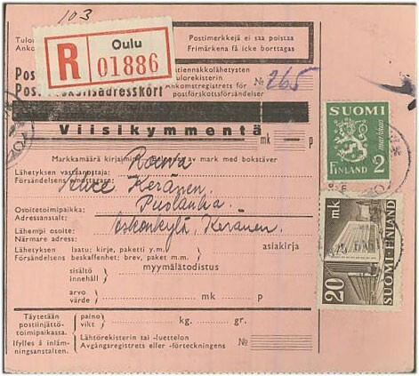 M30 1946 kirjattu postiennakko asiakirjoja