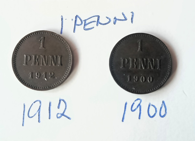 Kaksi 1 pennin kolikkoa 1900-luvun alku