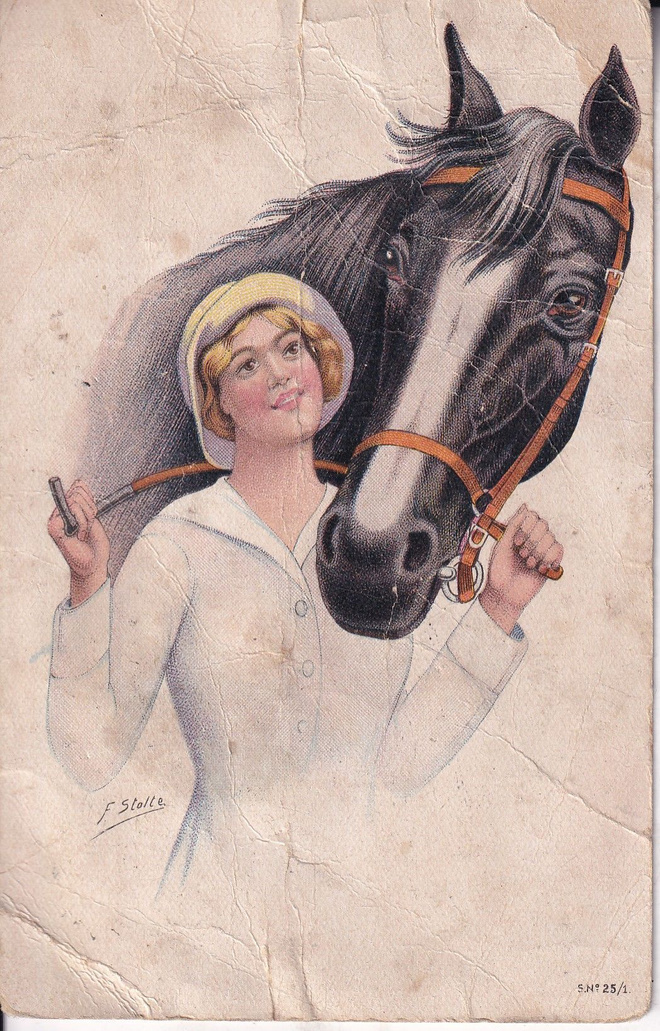Nainen ja hevonen. f. Stolle. wanhakortti  , e238