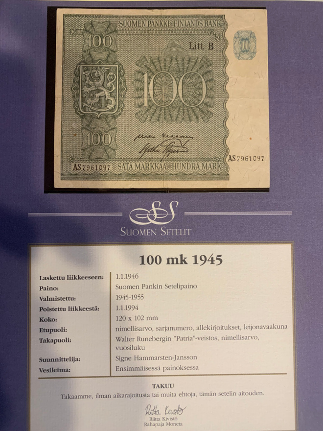 100 markkaa 1945