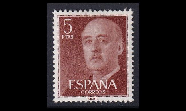 Espanja 1053a ** Generalissimo Franco 5 Pta pun.ruskea (1955