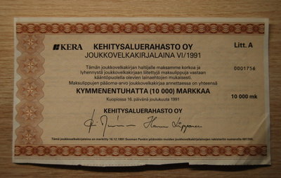 Kera Joukkovelkakirjalaina 1991,  10 000 mk