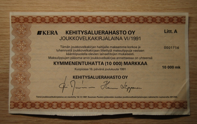 Kera Joukkovelkakirjalaina 1991,  10 000 mk