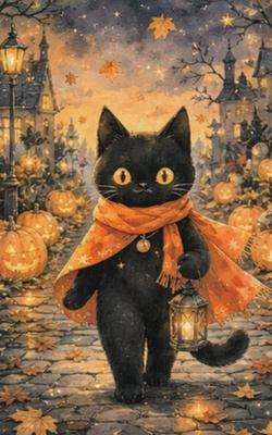 Pieni halloween-kissa lyhty kädessä