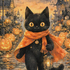 Pieni halloween-kissa lyhty kädessä - pikkukuva 1