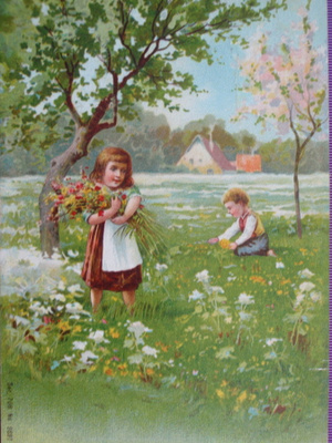 Lapset keräävät kukkia puistosta WANHA 1904