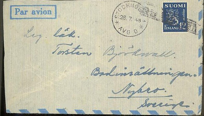 M30 1947 12mk lentokirje Ruotsiin, Tukholman leima