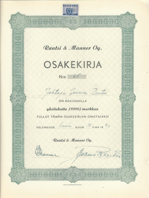 OKK 1946 Rautsi & Manner Oy, Helsinki osakekirja