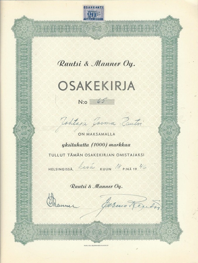 OKK 1946 Rautsi & Manner Oy, Helsinki osakekirja