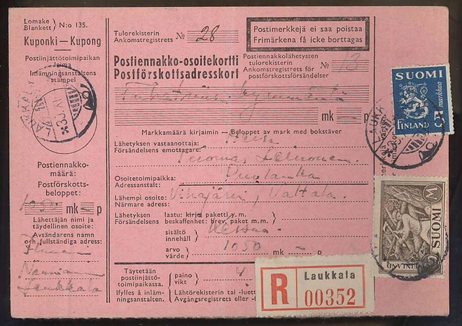1946 kirjattu postiennakkopaketti - sis. kessua