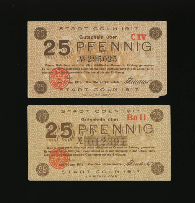 Saksa Notgeld 2 x 25 Pfennig, Köln 1.6.1918 VG-VF
