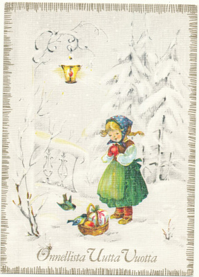 Tyttönen metsässä -vanhahko kortti