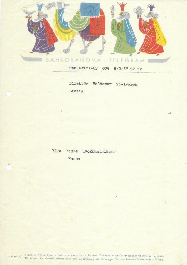 Sähkösanoma vuodelta 1957
