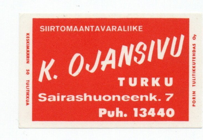 Porin Tulitikkutehdas K. OJANSIVU. TURKU.