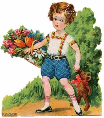 WANHA / Polvihousuinen poika, nalle ja kukkia. 1930-40-l.