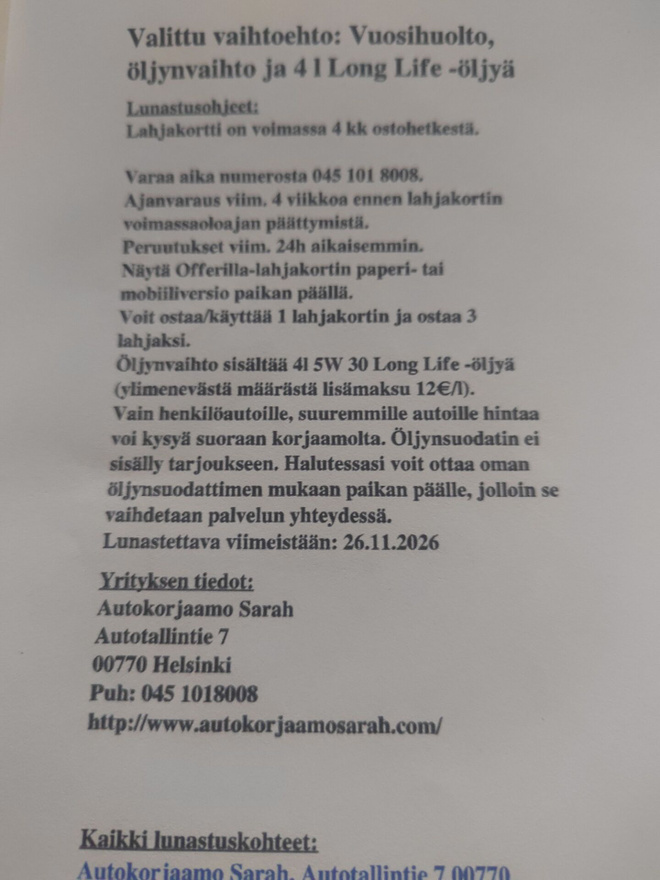 Öljynvaihto töineen huolto sis öljyt Helsinki lahjakortti