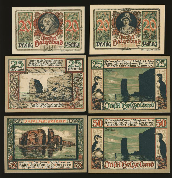 Saksa Notgeld 2x20, 2x25, 2x50 Pfg, Helgoland 1921