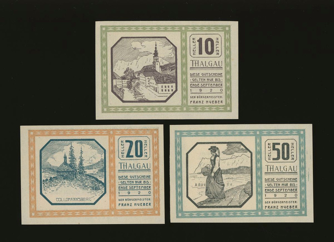 Itävalta Notgeld 10, 20, 50 Heller, Thalgau 1920