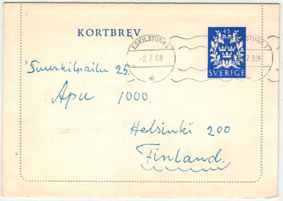 Ruotsi 1968 korttikirje Suomeen