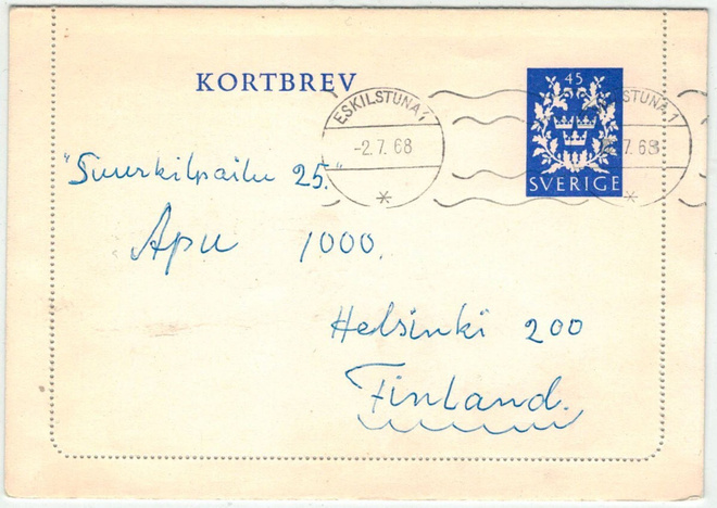 Ruotsi 1968 korttikirje Suomeen