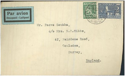 M30 1937 lentokirje Englantiin