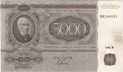 5000 Markkaa 1945 Litt.A AA-sarjaa, kl.4