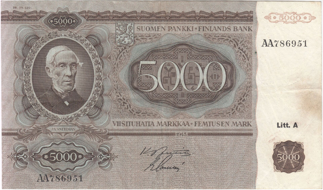 5000 Markkaa 1945 Litt.A AA-sarjaa, kl.4