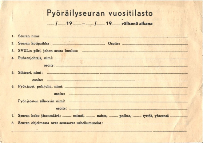 PYÖRÄILYSEURAN VUOSITILASTO KAAVAKE