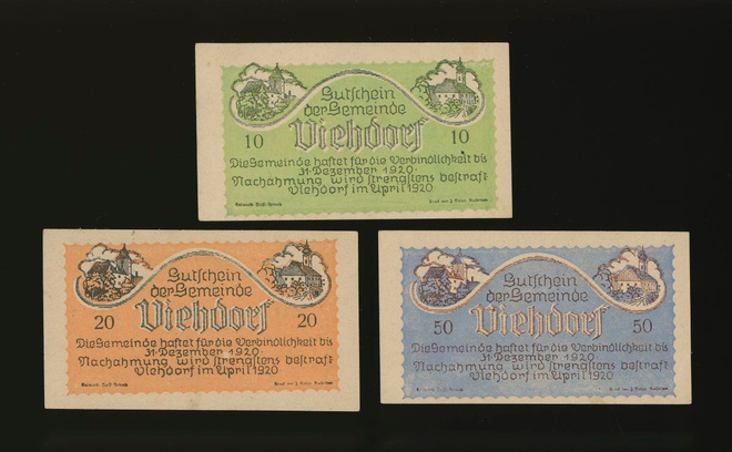 Itävalta Notgeld 10, 20, 50 Heller, Viehdorf 1920