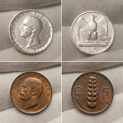 Hopea 5 lire 1927 + 5 centesimi 1921 Italy