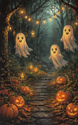 Halloween pienet iloiset kummitukset metsäpolulla