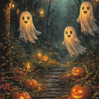 Halloween pienet iloiset kummitukset metsäpolulla - pikkukuva 1