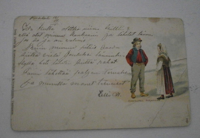 Pariskunta kansanpuvuissa, vanha väripk, p. 1902