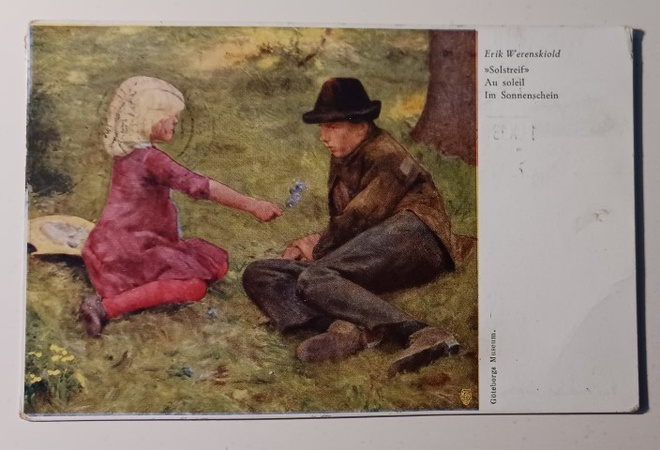 Emil Werenskiold: Auringossa, leidi ojentaa kukkaa, p. 1913