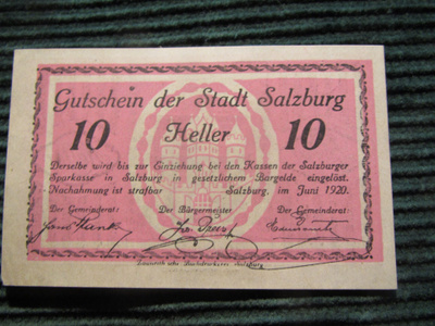 10 heller 1920. Salzburg. Itävalta-Austria. Hätäraha-Notgeld