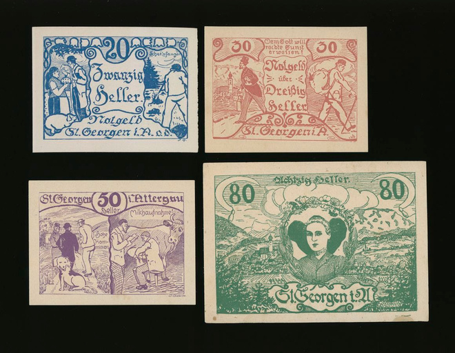 Itävalta Notgeld 20, 30, 50, 80 Heller, St. Georgen