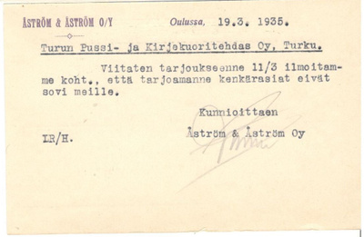 Oulu, v. 1935 firmakortti kotiseutukeräilijälle