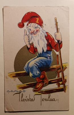 Poika Vesanto: Tonttu istumassa riukuaidalla, p. 1935