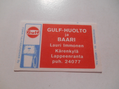 TT Etiketti GULF-huolto ja baari Kärenkylä Lappeenranta