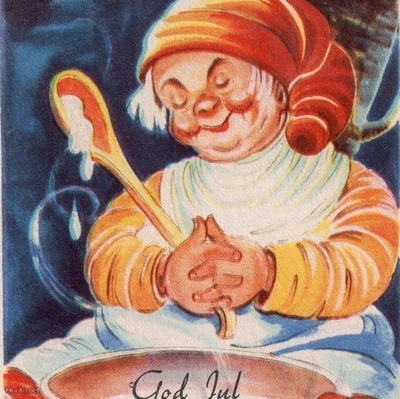 TONTTU / Pullukka tonttu puurokuppi edessään. 1950-l.