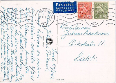 M54 1956 20 ja 2 (mk) lentokortti Rovanieltä Lahteen -61