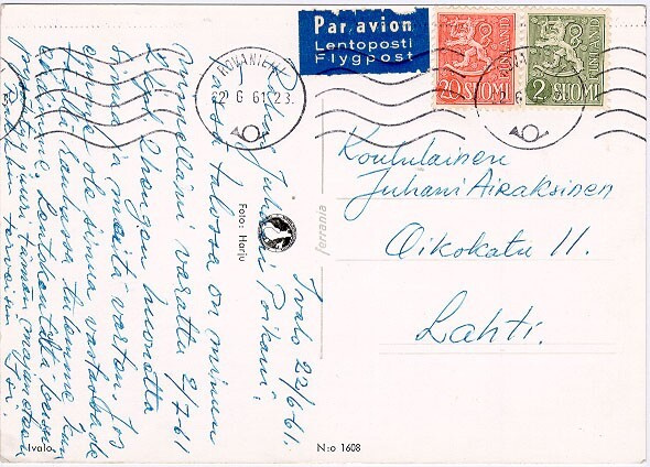 M54 1956 20 ja 2 (mk) lentokortti Rovanieltä Lahteen -61